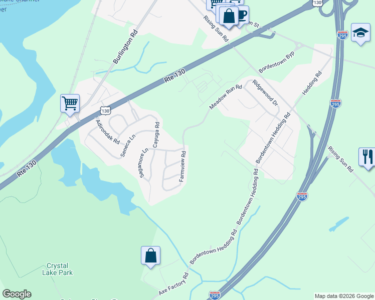 map of restaurants, bars, coffee shops, grocery stores, and more near 41 Meadow Run Road in Bordentown