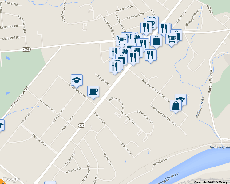 map of restaurants, bars, coffee shops, grocery stores, and more near 114 William Penn Drive in Eagleville
