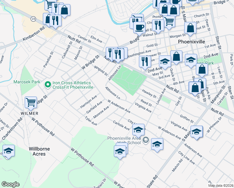 map of restaurants, bars, coffee shops, grocery stores, and more near 513 Virginia Avenue in Phoenixville