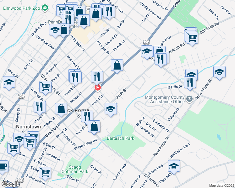 map of restaurants, bars, coffee shops, grocery stores, and more near 1607 Arch Street in Norristown
