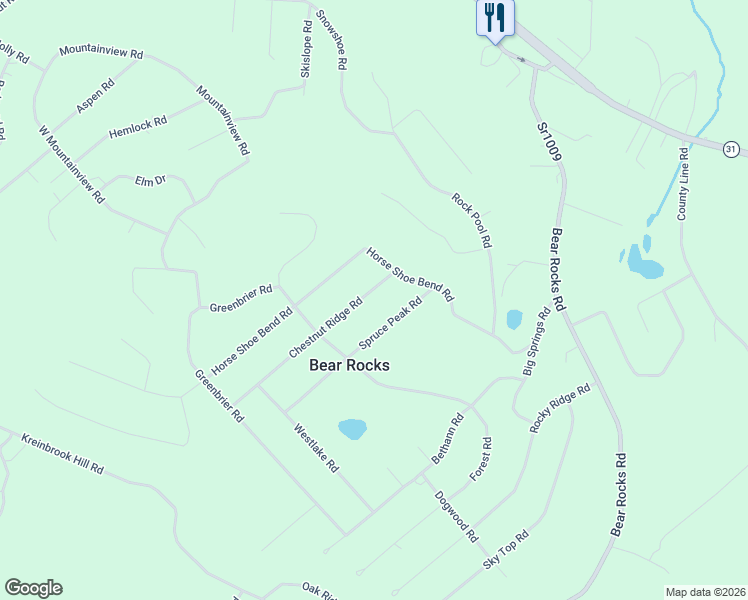 map of restaurants, bars, coffee shops, grocery stores, and more near 117 Chestnut Ridge Road in Bear Rocks