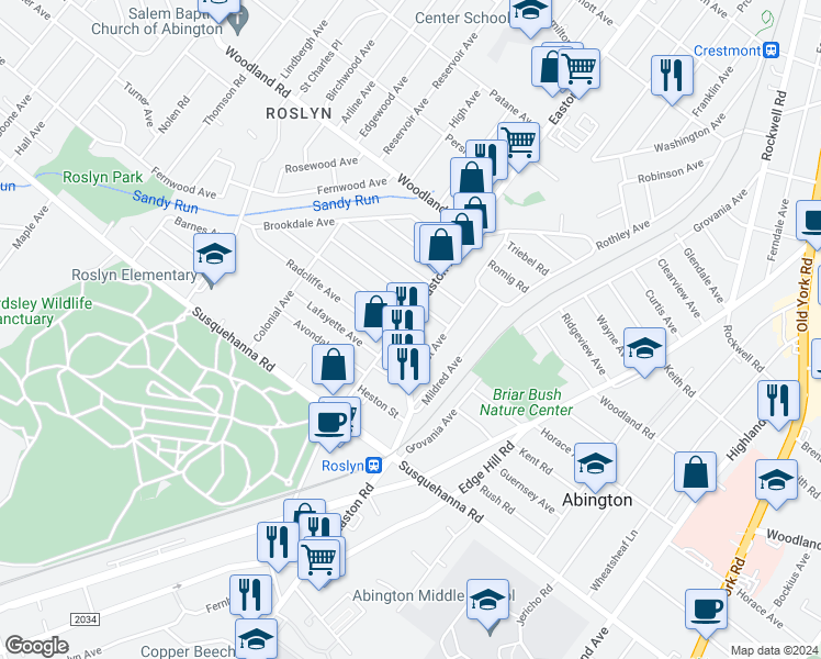 map of restaurants, bars, coffee shops, grocery stores, and more near 1193 Easton Road in Abington