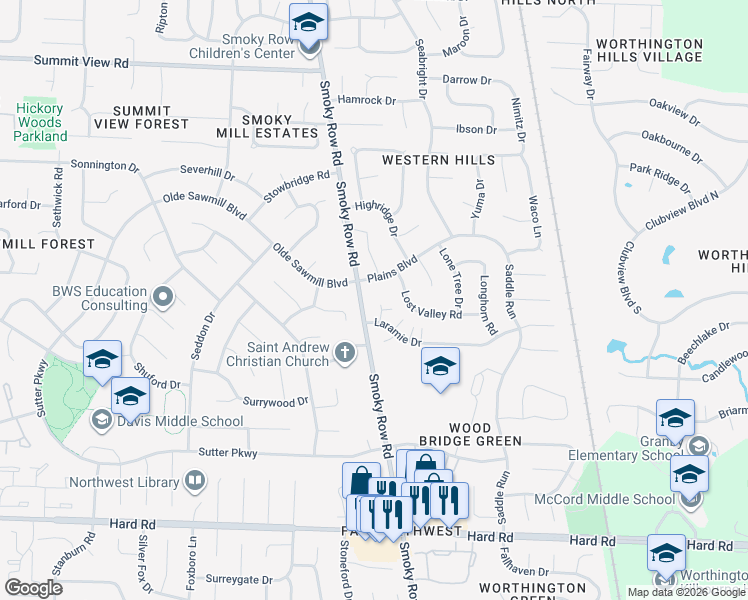 map of restaurants, bars, coffee shops, grocery stores, and more near 8223 Laramie Place in Powell