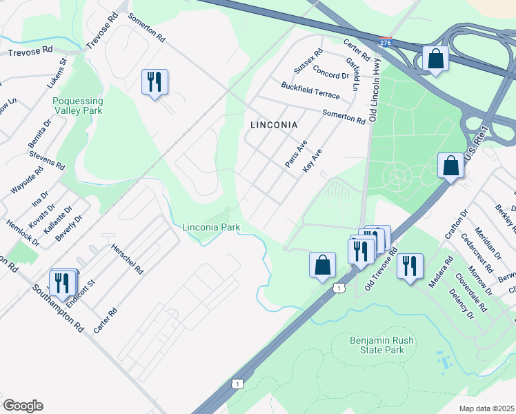 map of restaurants, bars, coffee shops, grocery stores, and more near 2354 Paris Avenue in Feasterville-Trevose