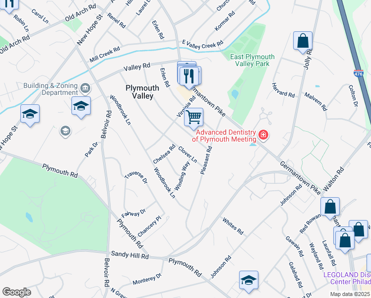 map of restaurants, bars, coffee shops, grocery stores, and more near 815 Clover Lane in Plymouth Meeting