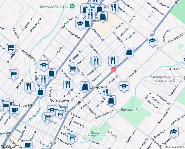 map of restaurants, bars, coffee shops, grocery stores, and more near 1420 Powell Street in Norristown