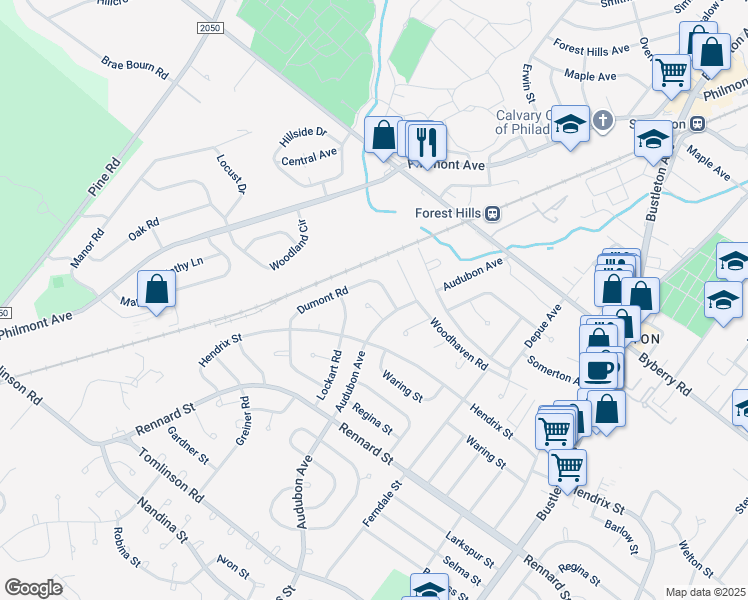 map of restaurants, bars, coffee shops, grocery stores, and more near 11992 Audubon Place in Philadelphia