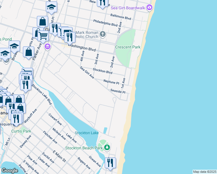 map of restaurants, bars, coffee shops, grocery stores, and more near 121 Seaside Place in Sea Girt