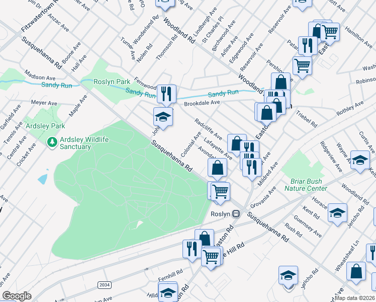 map of restaurants, bars, coffee shops, grocery stores, and more near 1125 Colonial Avenue in Abington