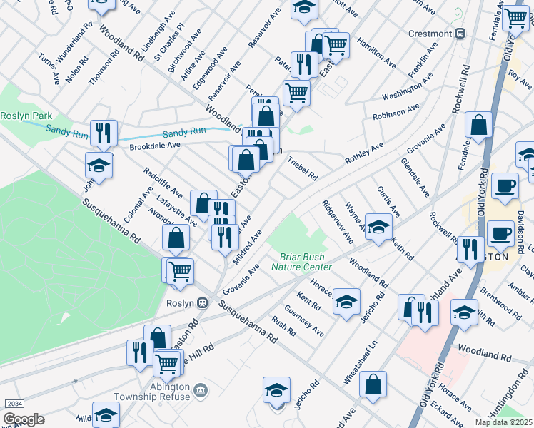 map of restaurants, bars, coffee shops, grocery stores, and more near 1238 Mildred Avenue in Abington