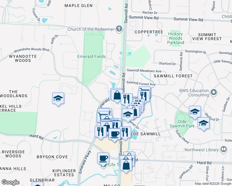map of restaurants, bars, coffee shops, grocery stores, and more near 7734 South Essex Gate Drive in Dublin