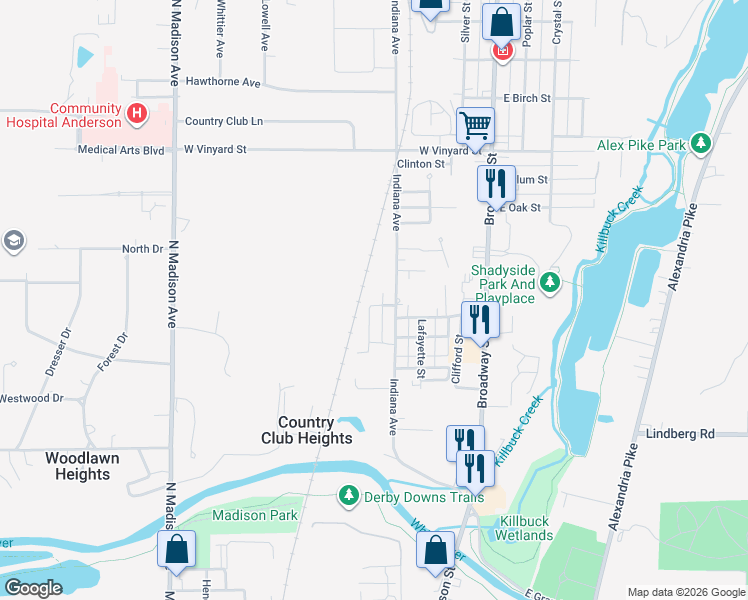 map of restaurants, bars, coffee shops, grocery stores, and more near 328 West North Street in Anderson
