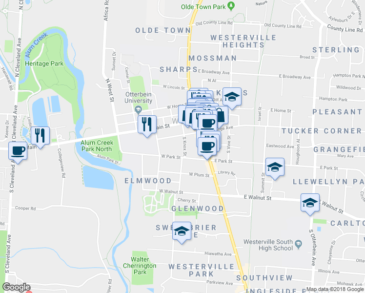 map of restaurants, bars, coffee shops, grocery stores, and more near 27 South Knox Street in Westerville