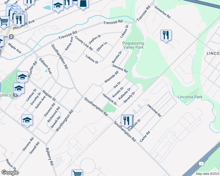 map of restaurants, bars, coffee shops, grocery stores, and more near 15120 Ina Drive in Philadelphia