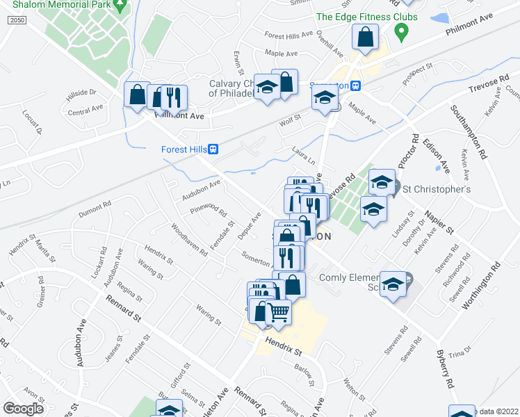 map of restaurants, bars, coffee shops, grocery stores, and more near 500 Byberry Road in Philadelphia