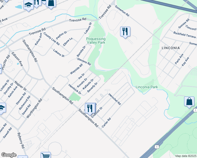 map of restaurants, bars, coffee shops, grocery stores, and more near 15156 Beverly Drive in Philadelphia