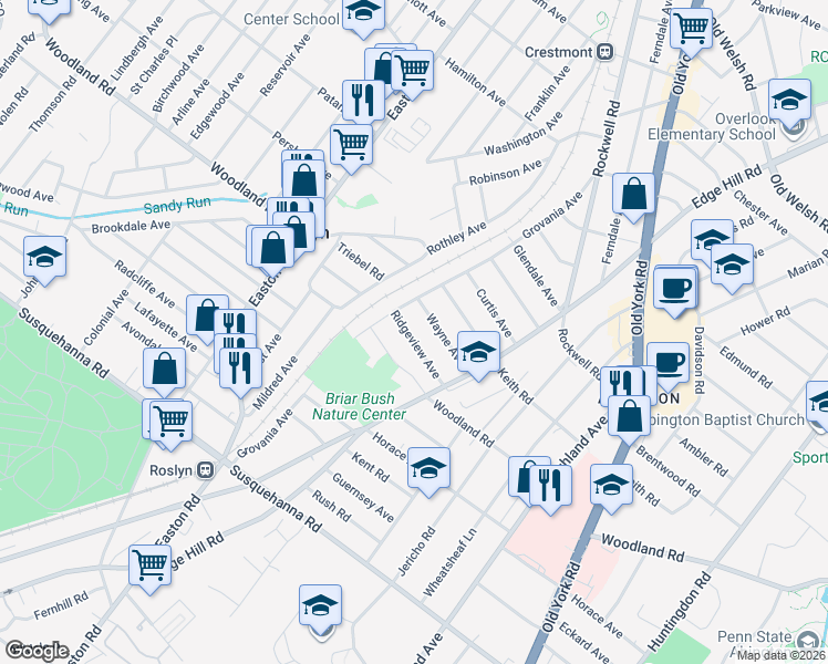 map of restaurants, bars, coffee shops, grocery stores, and more near 2151 Ridgeview Avenue in Abington
