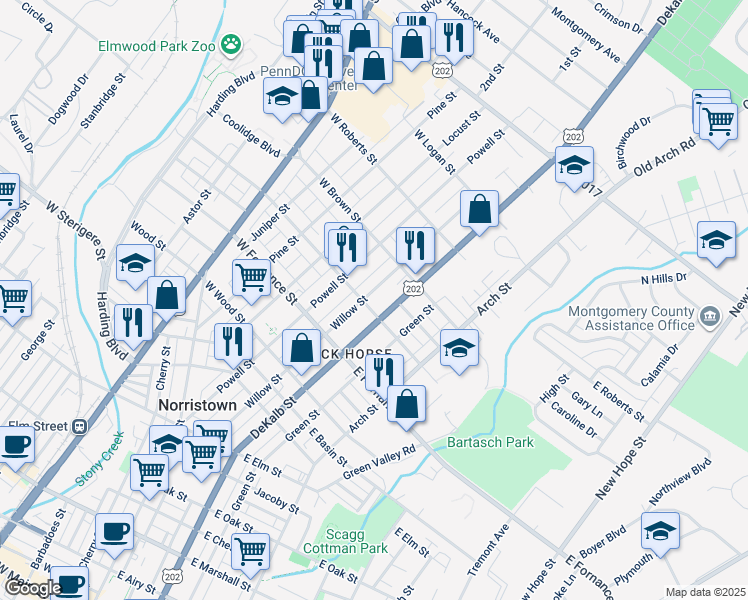 map of restaurants, bars, coffee shops, grocery stores, and more near 1515 DeKalb Street in Norristown