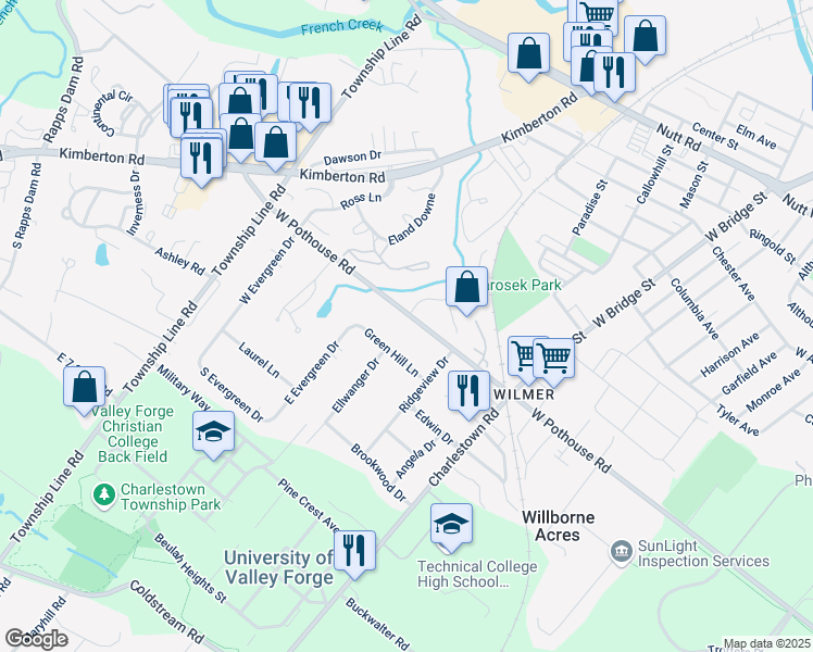 map of restaurants, bars, coffee shops, grocery stores, and more near 616 West Pothouse Road in Phoenixville