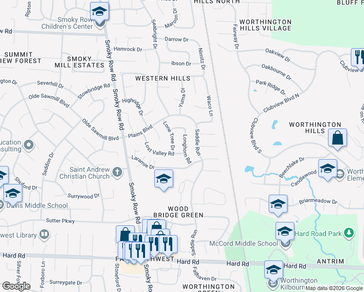 map of restaurants, bars, coffee shops, grocery stores, and more near 8189 Longhorn Road in Powell
