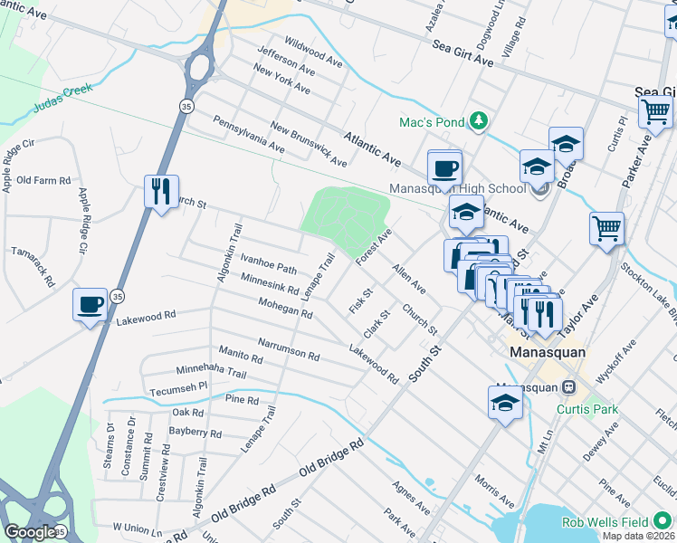 map of restaurants, bars, coffee shops, grocery stores, and more near 119 Church Street in Manasquan