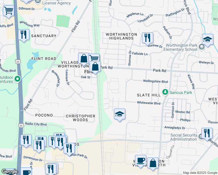 map of restaurants, bars, coffee shops, grocery stores, and more near 263 Park Road in Worthington
