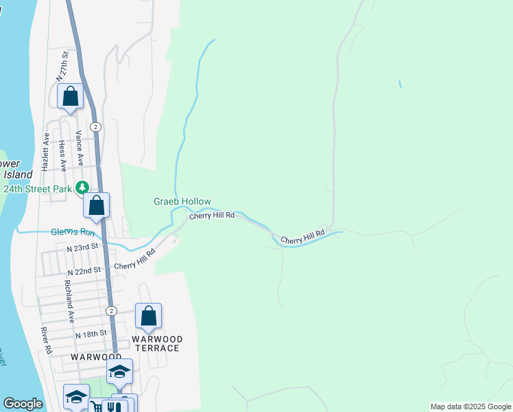 map of restaurants, bars, coffee shops, grocery stores, and more near 331 Cherry Hill Road in Wheeling
