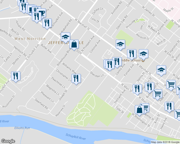 map of restaurants, bars, coffee shops, grocery stores, and more near 1600 Sheridan Lane in Norristown