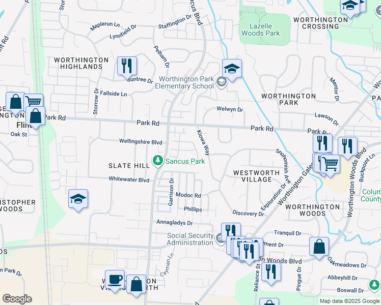 map of restaurants, bars, coffee shops, grocery stores, and more near 933 Upholland Lane in Columbus