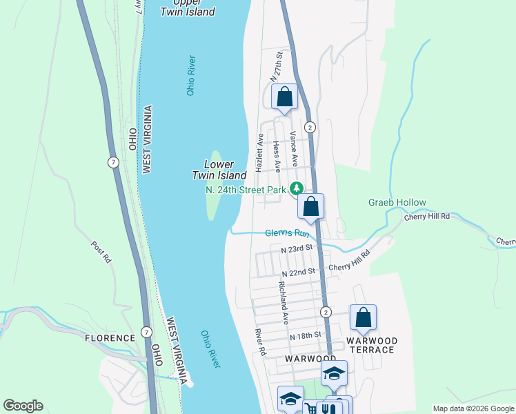map of restaurants, bars, coffee shops, grocery stores, and more near 2244 Ritz Avenue in Wheeling