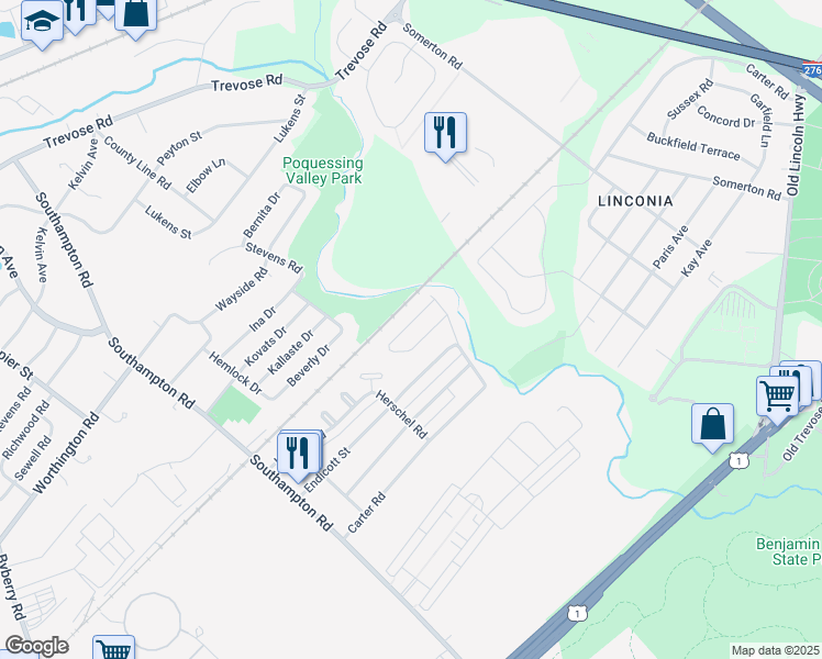 map of restaurants, bars, coffee shops, grocery stores, and more near 15031 Liberty Lane in Philadelphia