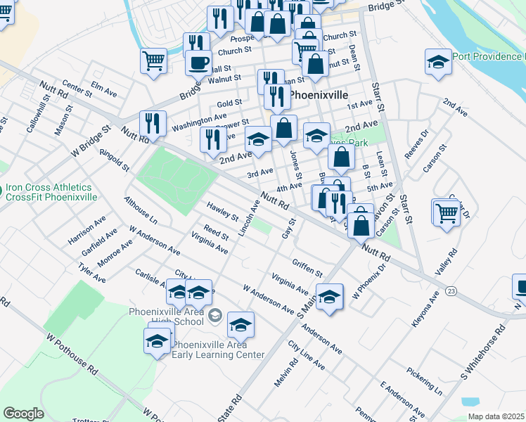map of restaurants, bars, coffee shops, grocery stores, and more near 267 Morris Street in Phoenixville