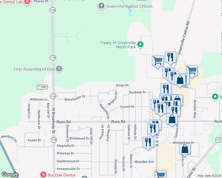 map of restaurants, bars, coffee shops, grocery stores, and more near 922 Stratford Drive in Greenville