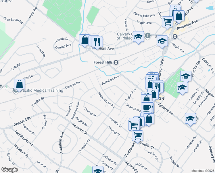 map of restaurants, bars, coffee shops, grocery stores, and more near 461 Pinewood Road in Philadelphia