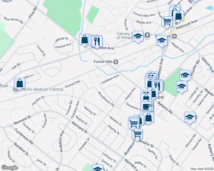 map of restaurants, bars, coffee shops, grocery stores, and more near 461 Pinewood Road in Philadelphia