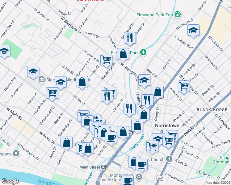 map of restaurants, bars, coffee shops, grocery stores, and more near 850 Kohn Street in Norristown