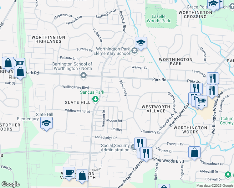 map of restaurants, bars, coffee shops, grocery stores, and more near 933 Upholland Lane in Columbus