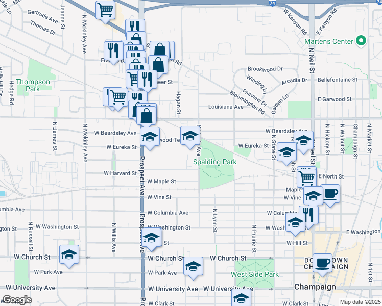 map of restaurants, bars, coffee shops, grocery stores, and more near 817 North Harris Avenue in Champaign