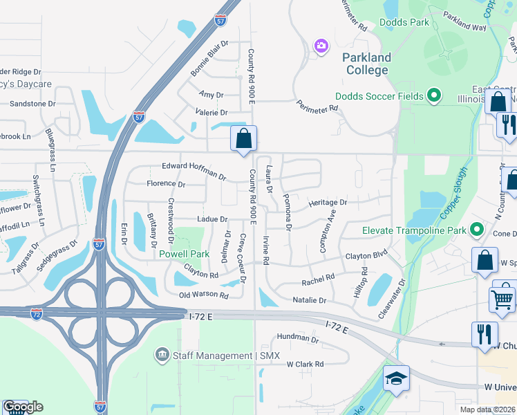 map of restaurants, bars, coffee shops, grocery stores, and more near 3002 Ladue Drive in Champaign