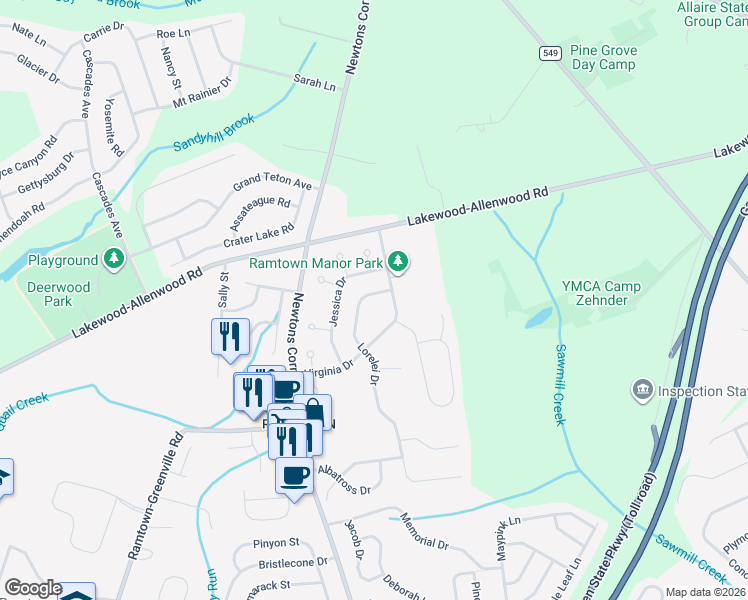 map of restaurants, bars, coffee shops, grocery stores, and more near 5 Lorelei Drive in Howell Township