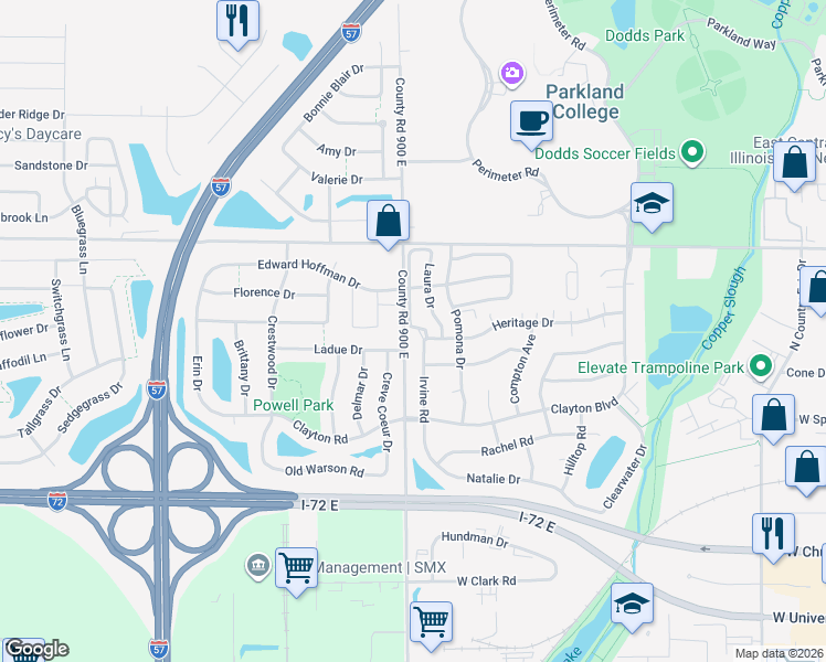 map of restaurants, bars, coffee shops, grocery stores, and more near 3002 Ladue Drive in Champaign