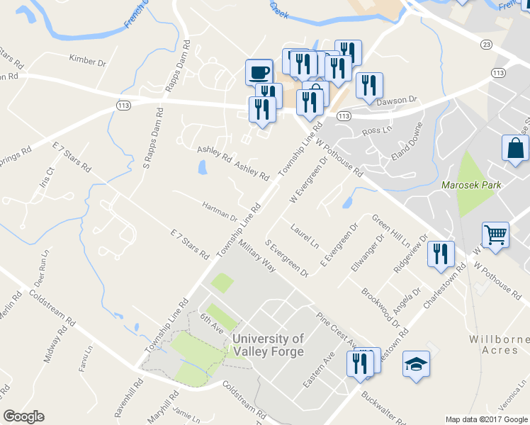 map of restaurants, bars, coffee shops, grocery stores, and more near 24 Mockingbird Lane in Phoenixville
