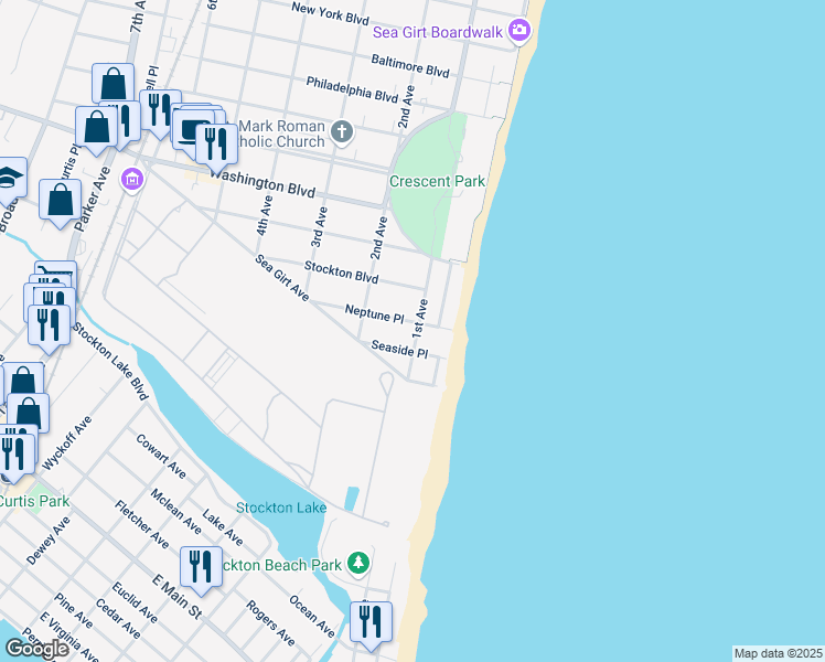 map of restaurants, bars, coffee shops, grocery stores, and more near 104 Neptune Place in Sea Girt
