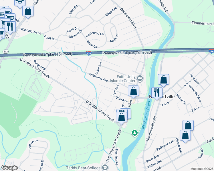 map of restaurants, bars, coffee shops, grocery stores, and more near 1191 Bridge Road in Bensalem