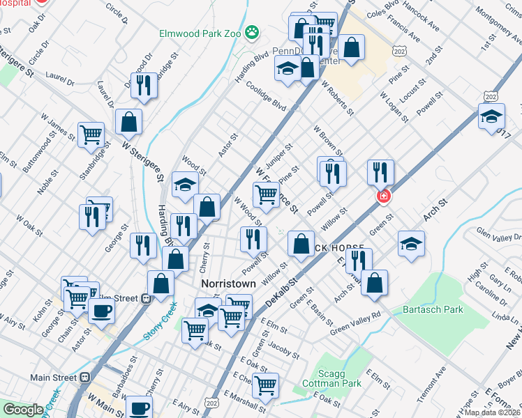 map of restaurants, bars, coffee shops, grocery stores, and more near 1324 Land Alley in Norristown