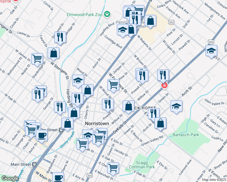 map of restaurants, bars, coffee shops, grocery stores, and more near 1324 Land Alley in Norristown