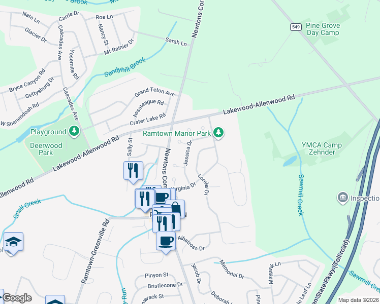 map of restaurants, bars, coffee shops, grocery stores, and more near 20 Jessica Drive in Howell Township