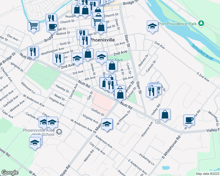 map of restaurants, bars, coffee shops, grocery stores, and more near 228 5th Avenue in Phoenixville