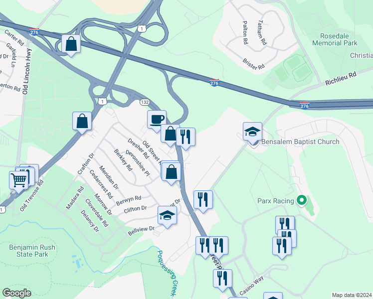 map of restaurants, bars, coffee shops, grocery stores, and more near 3529 Street Road in Bensalem