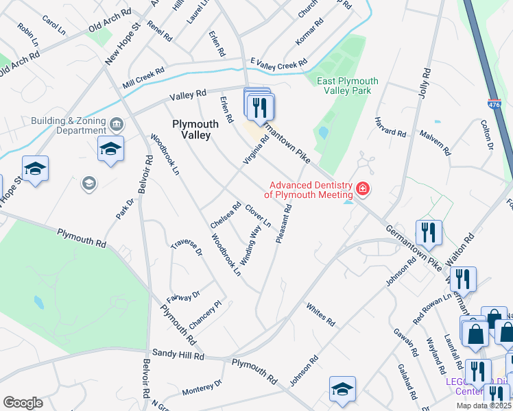 map of restaurants, bars, coffee shops, grocery stores, and more near 815 Clover Lane in Plymouth Meeting